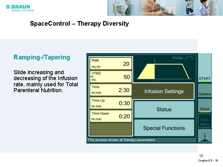 Space. Control – Therapy Diversity Ramping-/Tapering Slide increasing and decreasing of the Infusion rate,