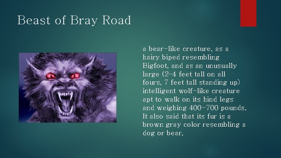Beast of Bray Road a bear-like creature, as a hairy biped resembling Bigfoot, and