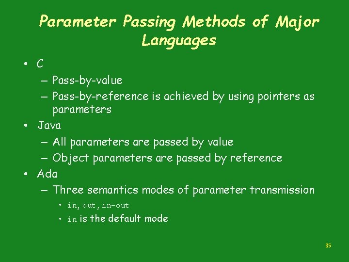 Parameter Passing Methods of Major Languages • C – Pass-by-value – Pass-by-reference is achieved