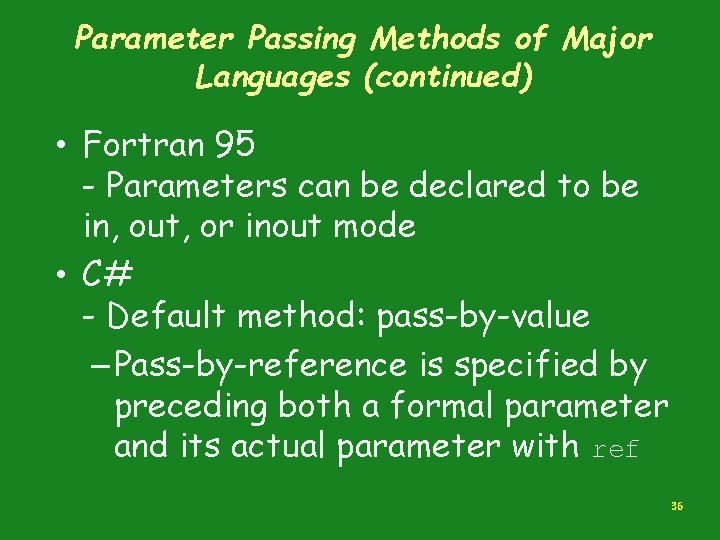 Parameter Passing Methods of Major Languages (continued) • Fortran 95 - Parameters can be