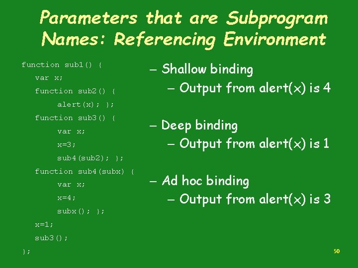 Parameters that are Subprogram Names: Referencing Environment function sub 1() { var x; function