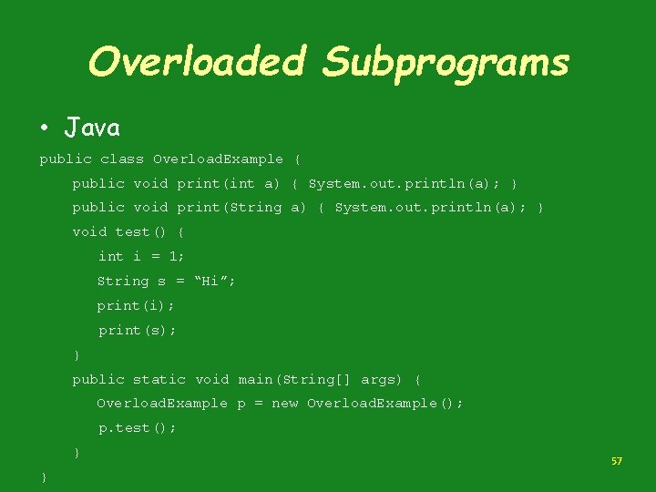 Overloaded Subprograms • Java public class Overload. Example { public void print(int a) {