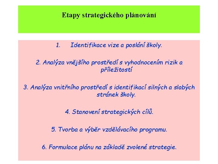 Etapy strategického plánování 1. Identifikace vize a poslání školy. 2. Analýza vnějšího prostředí s