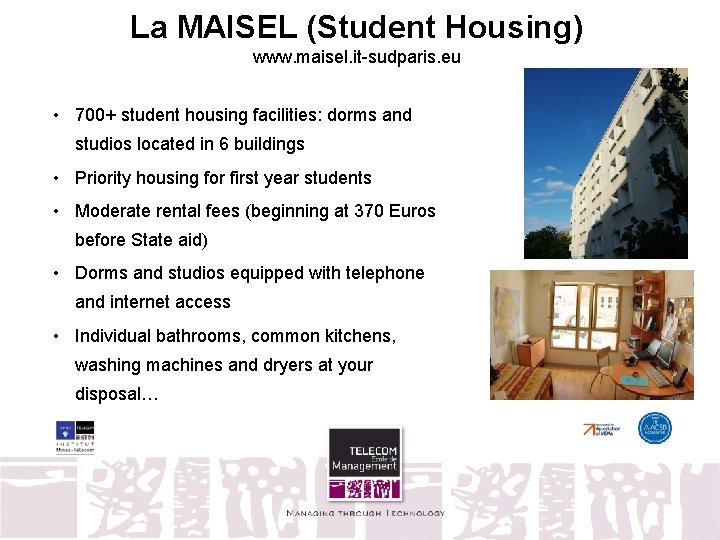 La MAISEL (Student Housing) www. maisel. it-sudparis. eu • 700+ student housing facilities: dorms
