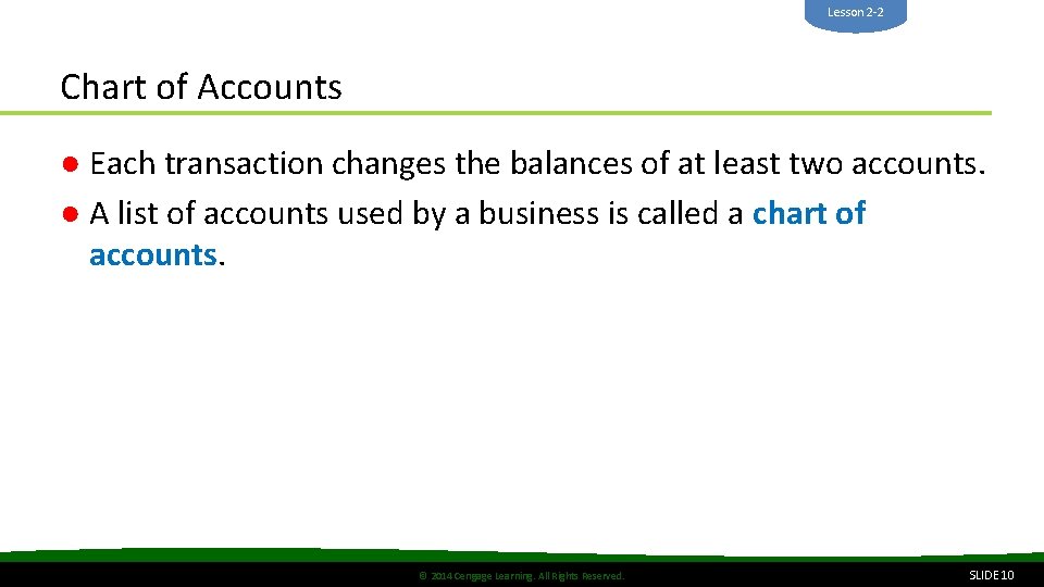 Lesson 2 -2 Chart of Accounts ● Each transaction changes the balances of at