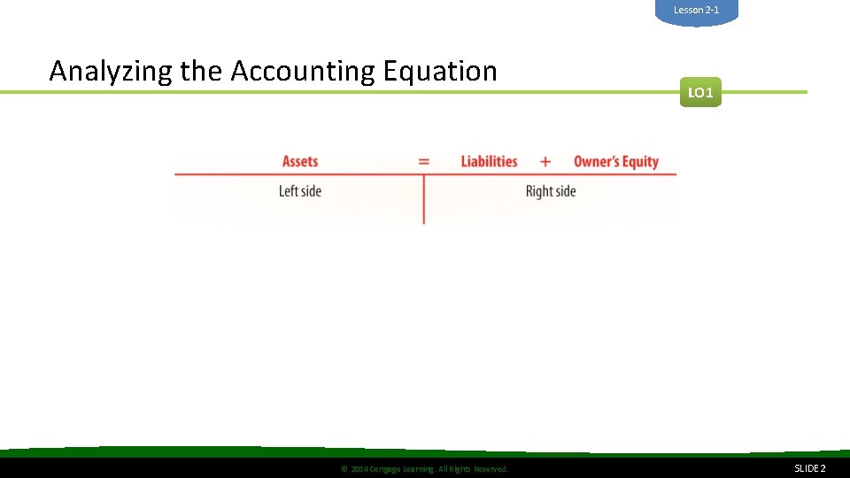Lesson 2 -1 Analyzing the Accounting Equation © 2014 Cengage Learning. All Rights Reserved.