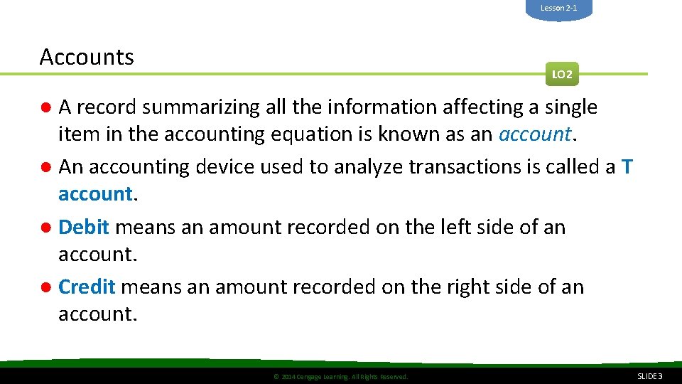 Lesson 2 -1 Accounts LO 2 ● A record summarizing all the information affecting