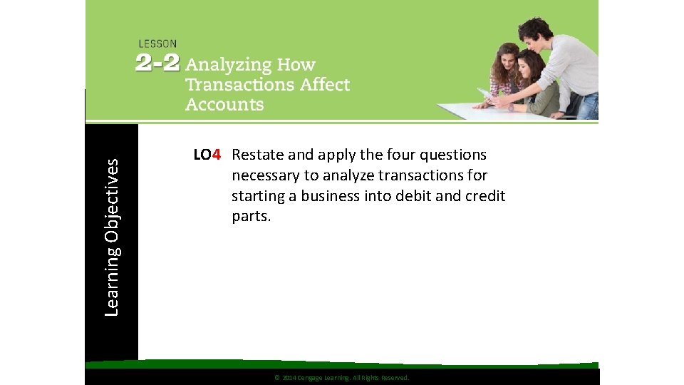 Learning Objectives LO 4 Restate and apply the four questions necessary to analyze transactions