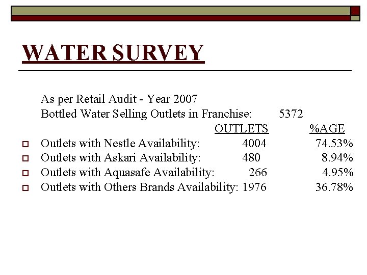 WATER SURVEY o o As per Retail Audit - Year 2007 Bottled Water Selling