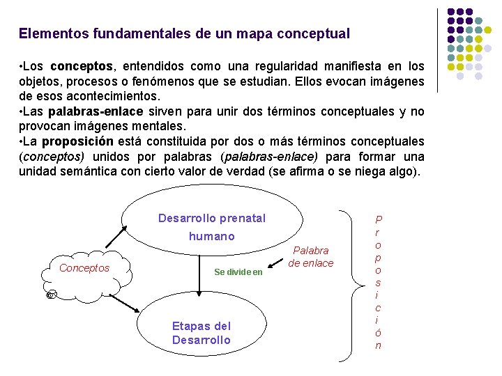 Elementos fundamentales de un mapa conceptual • Los conceptos, entendidos como una regularidad manifiesta