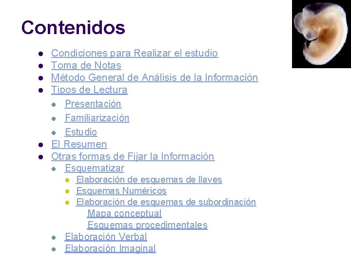 Contenidos l l l Condiciones para Realizar el estudio Toma de Notas Método General