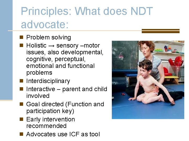 Principles: What does NDT advocate: n Problem solving n Holistic → sensory –motor n