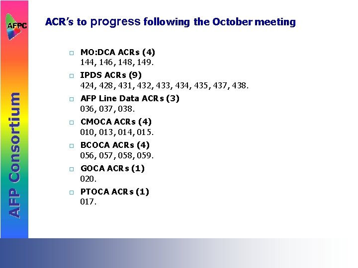 ACR’s to progress following the October meeting ¨ ¨ ¨ ¨ MO: DCA ACRs