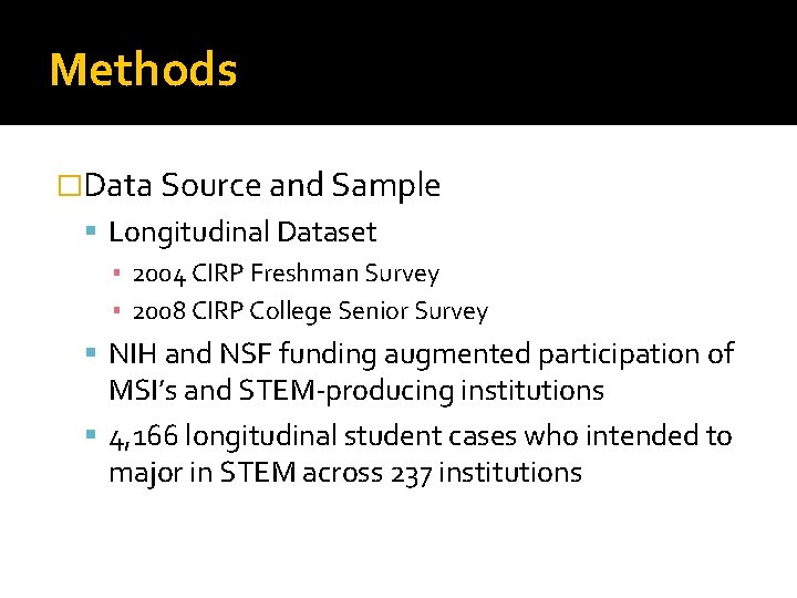 Methods �Data Source and Sample Longitudinal Dataset ▪ 2004 CIRP Freshman Survey ▪ 2008
