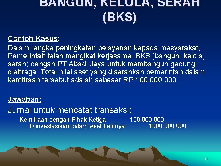 BANGUN, KELOLA, SERAH (BKS) Contoh Kasus: Dalam rangka peningkatan pelayanan kepada masyarakat, Pemerintah telah