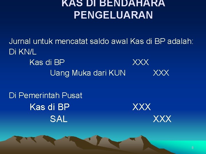 KAS DI BENDAHARA PENGELUARAN Jurnal untuk mencatat saldo awal Kas di BP adalah: Di