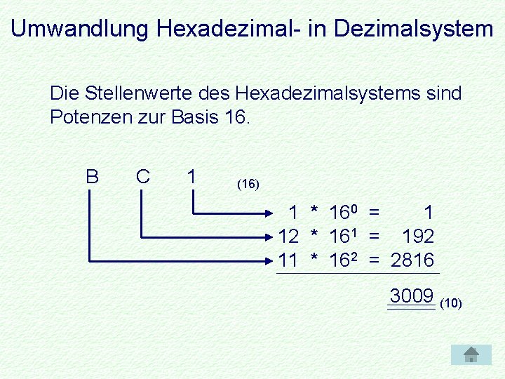 Umwandlung Hexadezimal- in Dezimalsystem Die Stellenwerte des Hexadezimalsystems sind Potenzen zur Basis 16. B