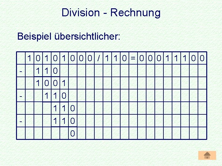 Division - Rechnung Beispiel übersichtlicher: 1 0 1 0 0 0 / 1 1