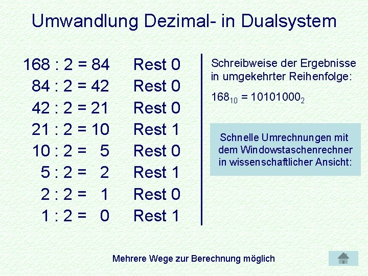 Umwandlung Dezimal- in Dualsystem 168 : 2 = 84 : 2 = 42 :