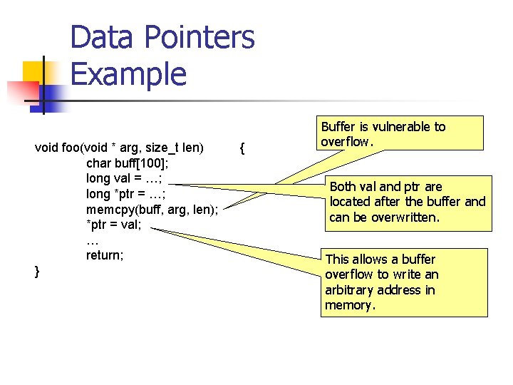 Data Pointers Example void foo(void * arg, size_t len) char buff[100]; long val =