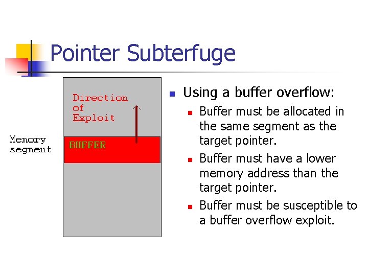 Pointer Subterfuge n Using a buffer overflow: n n n Buffer must be allocated