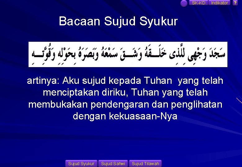 SK-KD Indikator Bacaan Sujud Syukur artinya: Aku sujud kepada Tuhan yang telah menciptakan diriku,