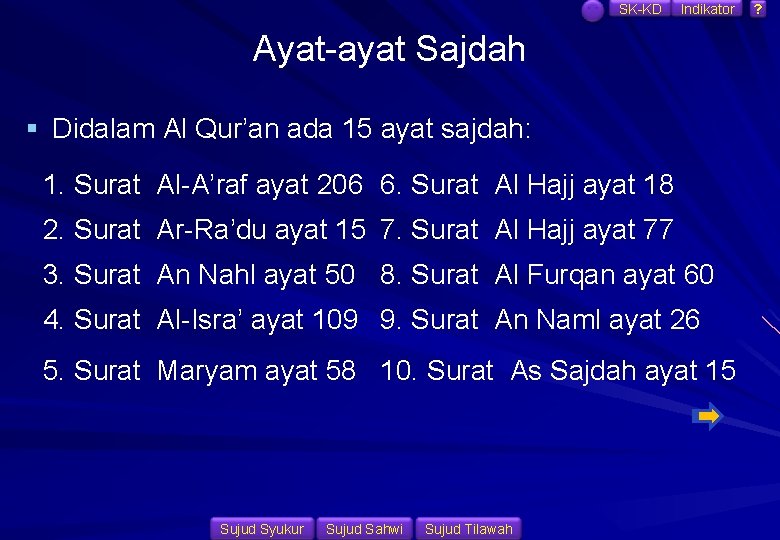 SK-KD Indikator Ayat-ayat Sajdah § Didalam Al Qur’an ada 15 ayat sajdah: 1. Surat