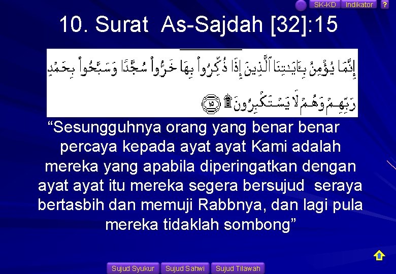 SK-KD Indikator 10. Surat As-Sajdah [32]: 15 “Sesungguhnya orang yang benar percaya kepada ayat