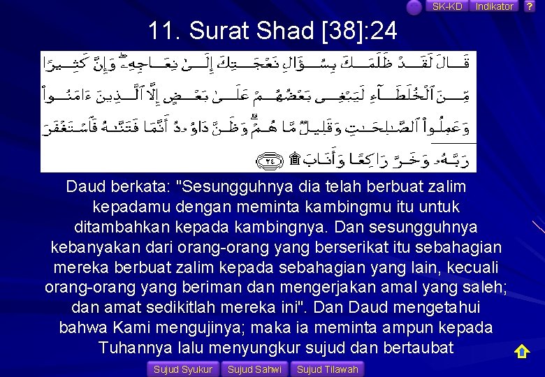 SK-KD Indikator 11. Surat Shad [38]: 24 Daud berkata: "Sesungguhnya dia telah berbuat zalim