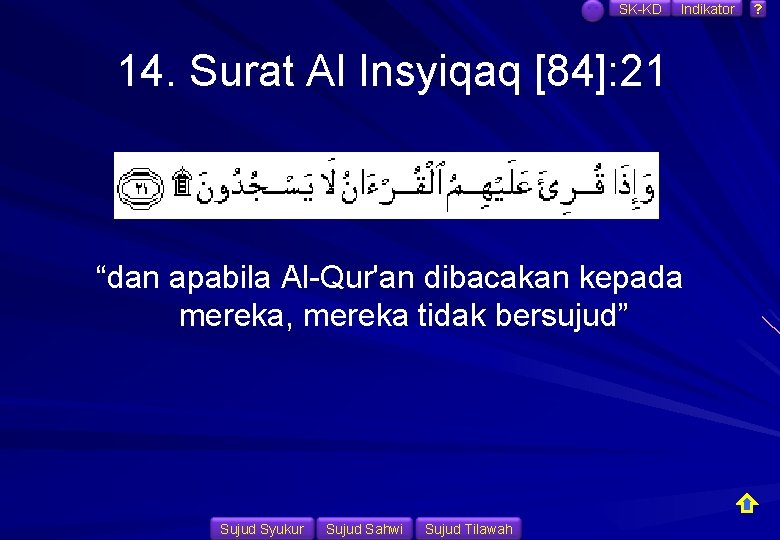 SK-KD Indikator 14. Surat Al Insyiqaq [84]: 21 “dan apabila Al-Qur'an dibacakan kepada mereka,