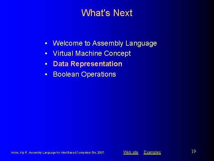 What's Next • • Welcome to Assembly Language Virtual Machine Concept Data Representation Boolean