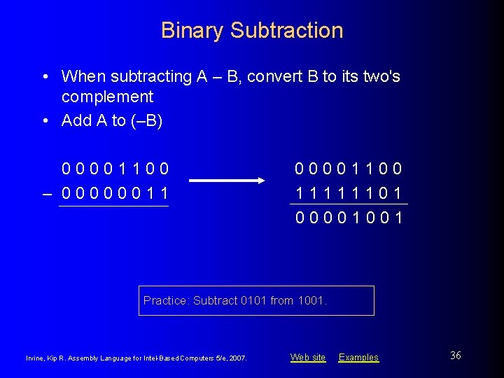 Binary Subtraction • When subtracting A – B, convert B to its two's complement