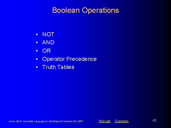 Boolean Operations • • • NOT AND OR Operator Precedence Truth Tables Irvine, Kip