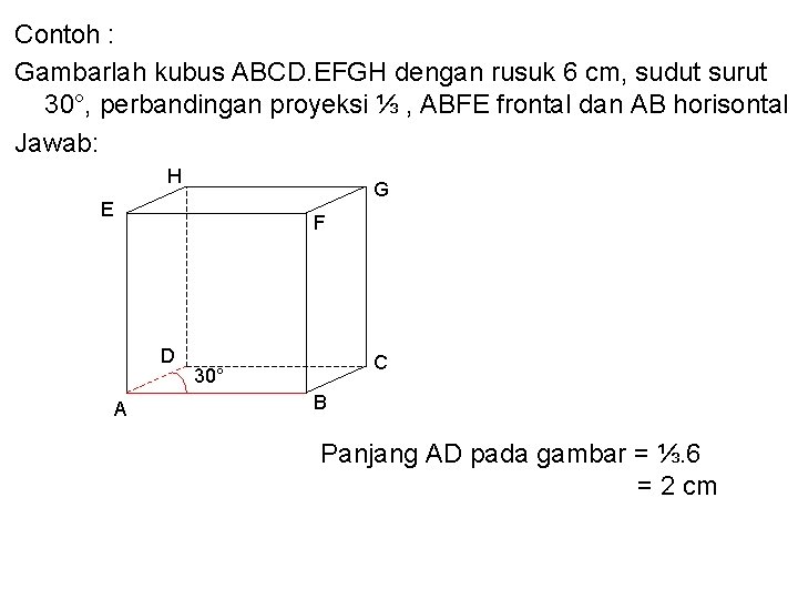 Contoh : Gambarlah kubus ABCD. EFGH dengan rusuk 6 cm, sudut surut 30°, perbandingan