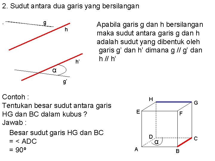 2. Sudut antara dua garis yang bersilangan. g h h’ Apabila garis g dan