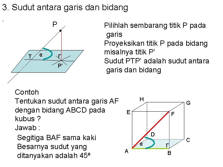 3. Sudut antara garis dan bidang. P T α Γ P’ Pilihlah sembarang titik