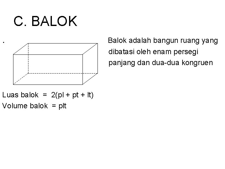 C. BALOK. Balok adalah bangun ruang yang dibatasi oleh enam persegi panjang dan dua-dua