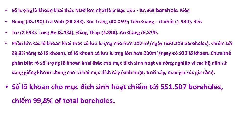  • Số lượng lô khoan khai thác NDĐ lớn nhất là ở Bạc