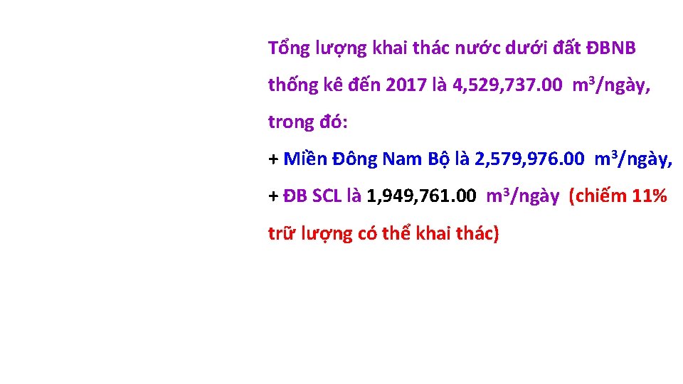 Tổng lượng khai thác nước dưới đất ĐBNB thống kê đến 2017 là 4,