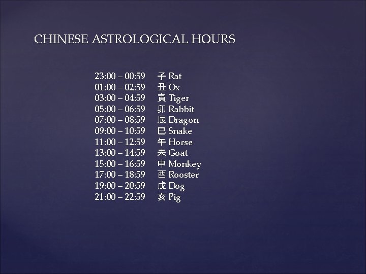 CHINESE ASTROLOGICAL HOURS 23: 00 – 00: 59 01: 00 – 02: 59 03: