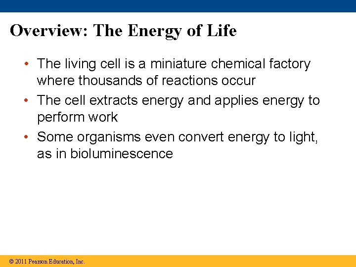 Overview: The Energy of Life • The living cell is a miniature chemical factory