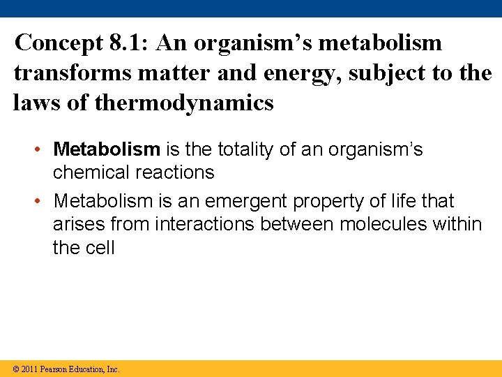 Concept 8. 1: An organism’s metabolism transforms matter and energy, subject to the laws