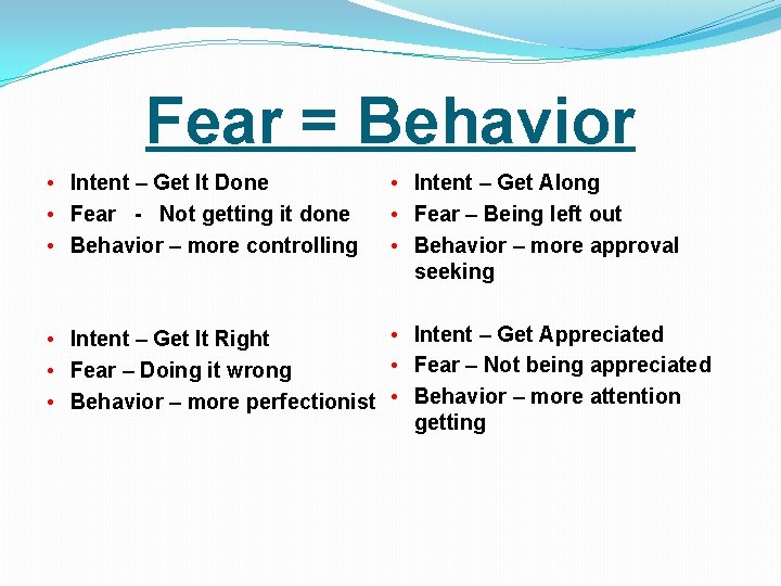 Fear = Behavior • Intent – Get It Done • Fear - Not getting