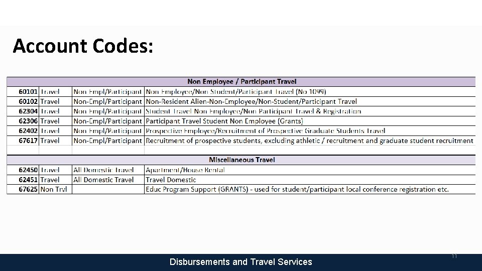 Account Codes: Disbursements and Travel Services 11 