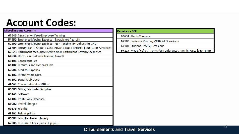Account Codes: Disbursements and Travel Services 12 