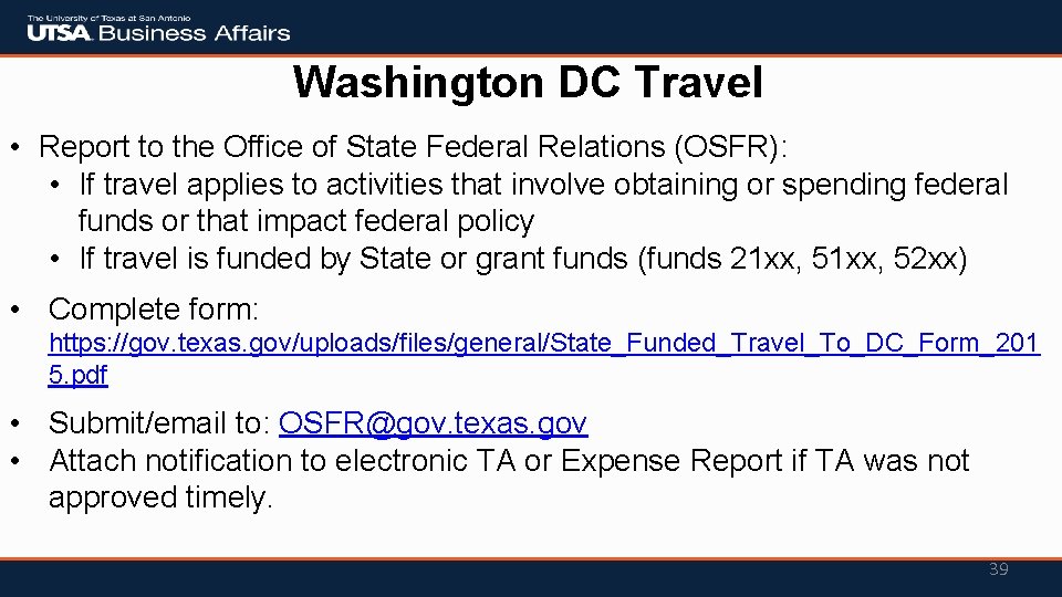 Washington DC Travel • Report to the Office of State Federal Relations (OSFR): •