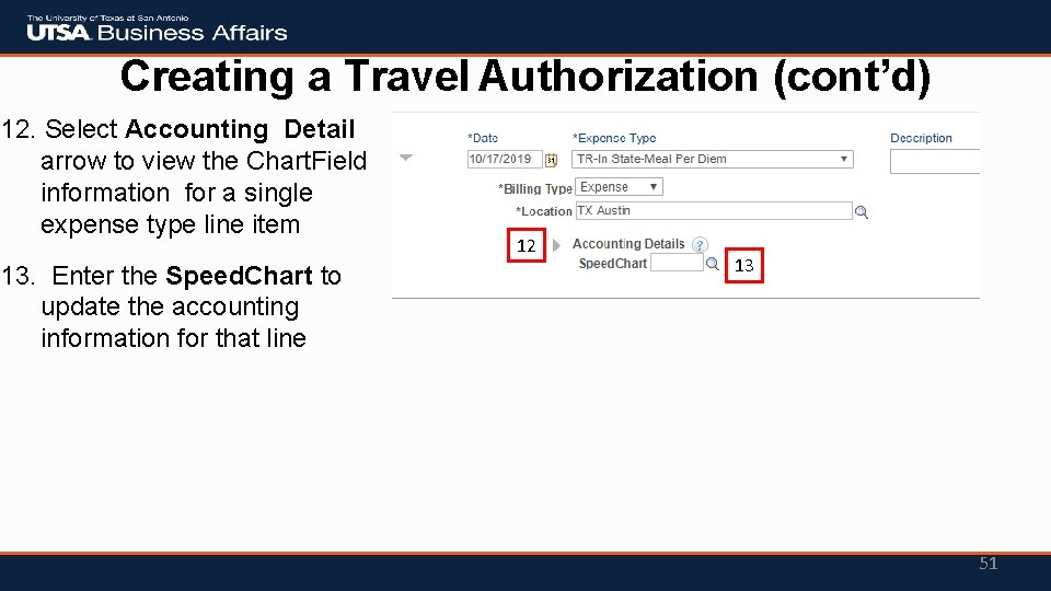 Creating a Travel Authorization (cont’d) 12. Select Accounting Detail arrow to view the Chart.