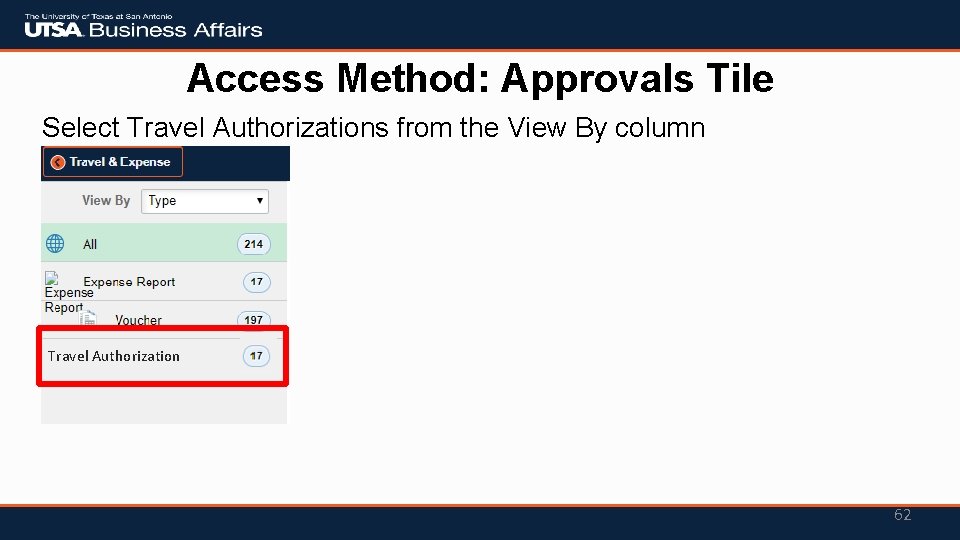 Access Method: Approvals Tile Select Travel Authorizations from the View By column Travel Authorization