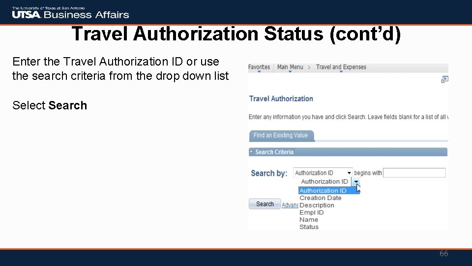Travel Authorization Status (cont’d) Enter the Travel Authorization ID or use the search criteria