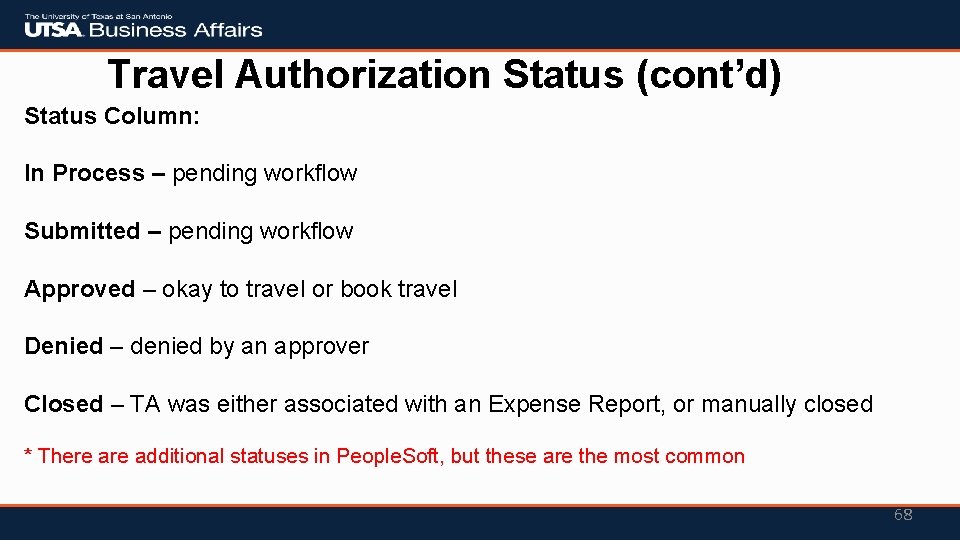 Travel Authorization Status (cont’d) Status Column: In Process – pending workflow Submitted – pending